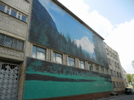 В Донецке владелец особняка ради горного пейзажа завесил стену института плакатом